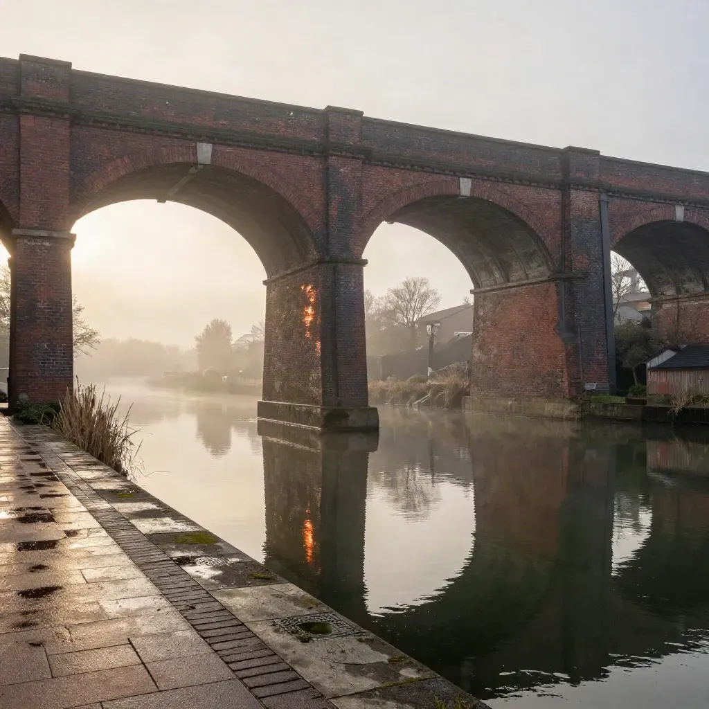 Birmingham canal basin with brick viaducts above calm misty water at sunset