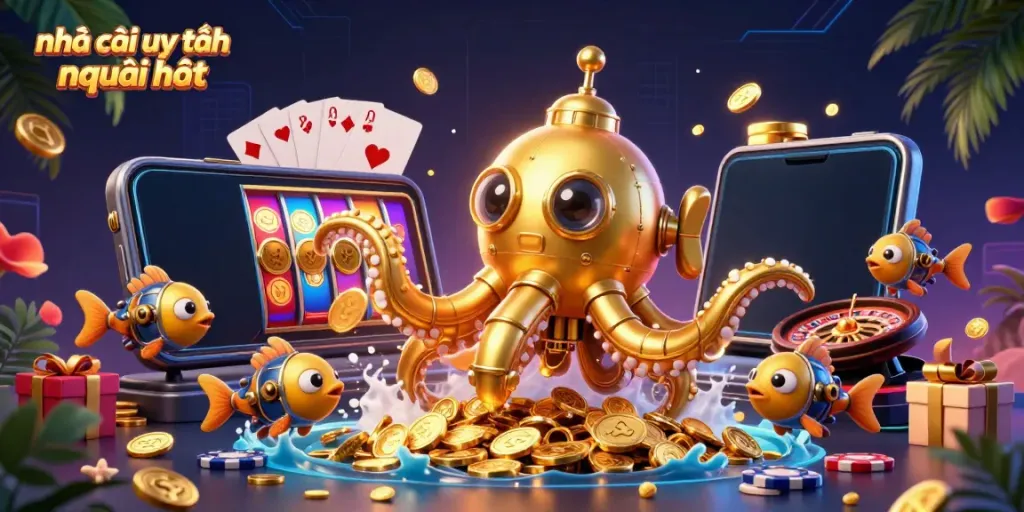 Immerse in the excitement of nhà cái uy tín mới nhất with a vibrant 3D underwater casino scene bursting with gaming elements.