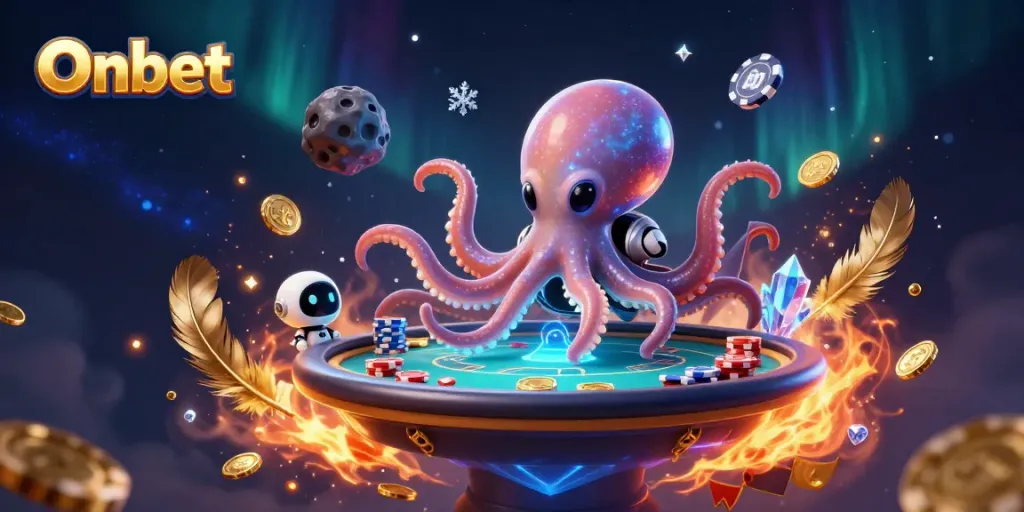 Onbet showcases an alien octopus at a holographic poker table, surrounded by vibrant casino elements.