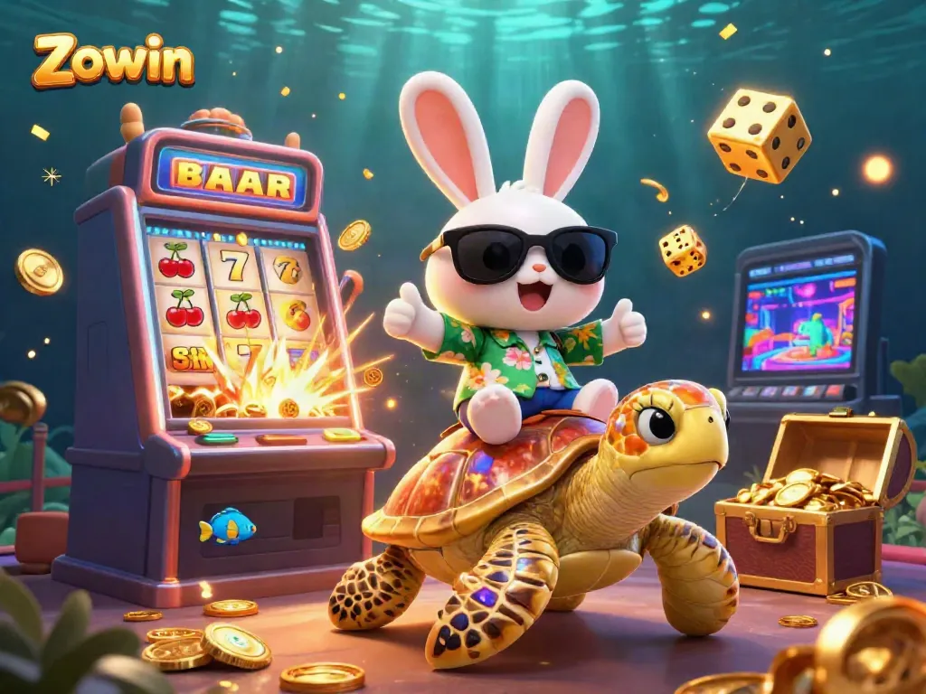 Zowin rabbit and sea turtle celebrating a jackpot in a vibrant underwater casino setting.