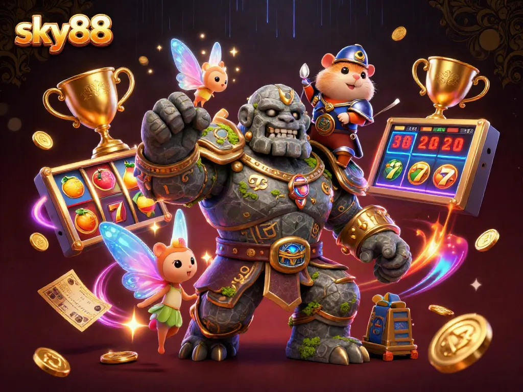 Experience thrilling wins with sky88 in this dynamic casino-inspired 3D illustration.