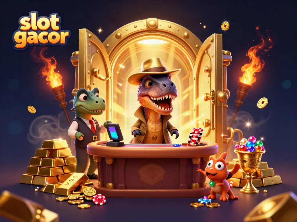 Engaging illustration of a velociraptor at a slot machine, embodying slot gacor excitement.