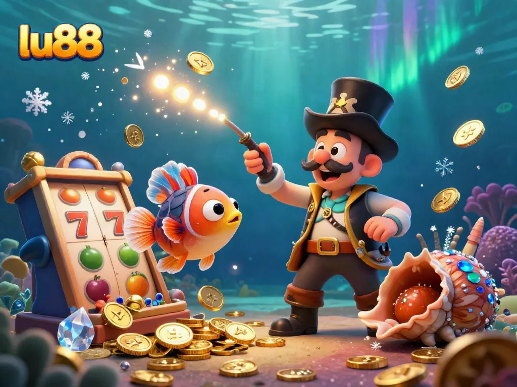 Experience thrilling wins at lu88 with dynamic slot reels, glowing coins, and vibrant sea creatures.