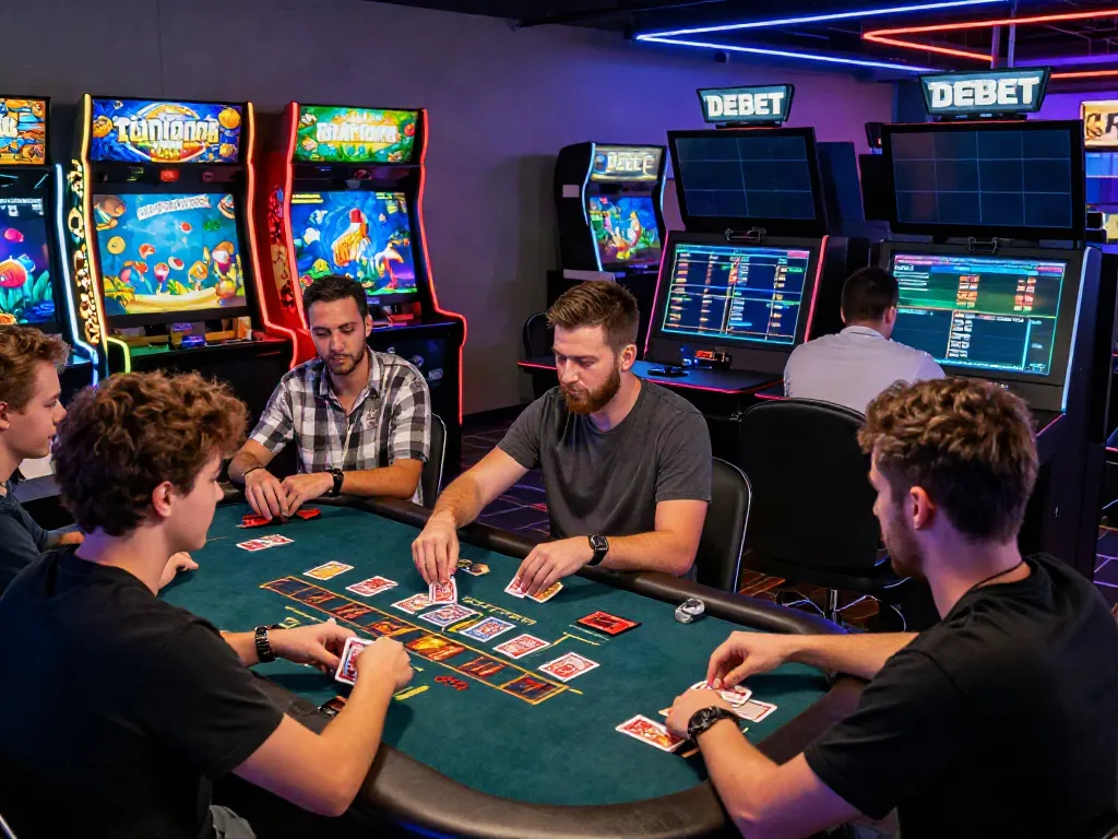 Players enjoying various games on DEBET, an online entertainment platform, in a vibrant gaming lounge.
