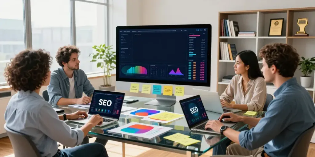 Team strategizing in a modern office on instant indexing techniques.