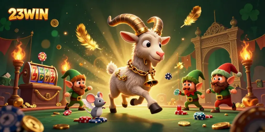 Engage in thrilling casino vibes with 23WIN, a holiday-themed gaming scene featuring Krampus and mischievous elves.