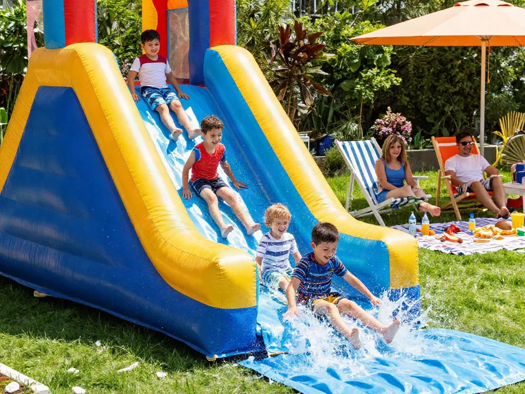 Kids enjoying a slide in the water on a sunny garden day.