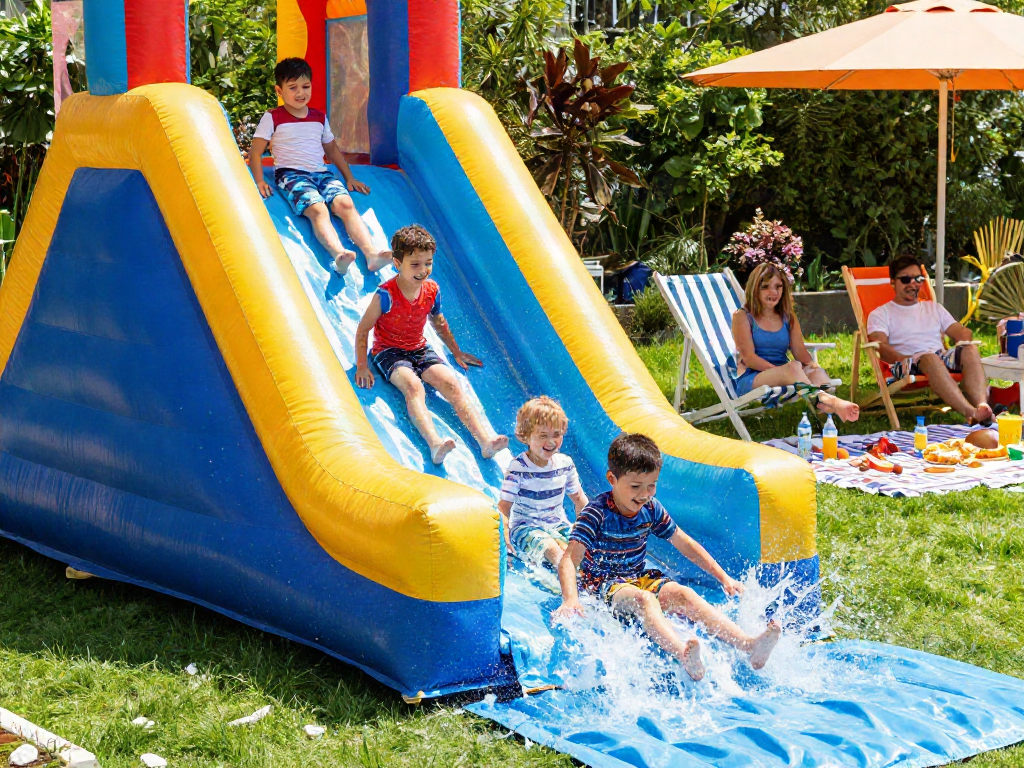 Kids enjoying a slide in the water on a sunny garden day.