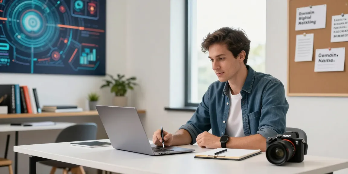 Tech-savvy entrepreneur brainstorming ideas to buy domain without hosting in a modern workspace.