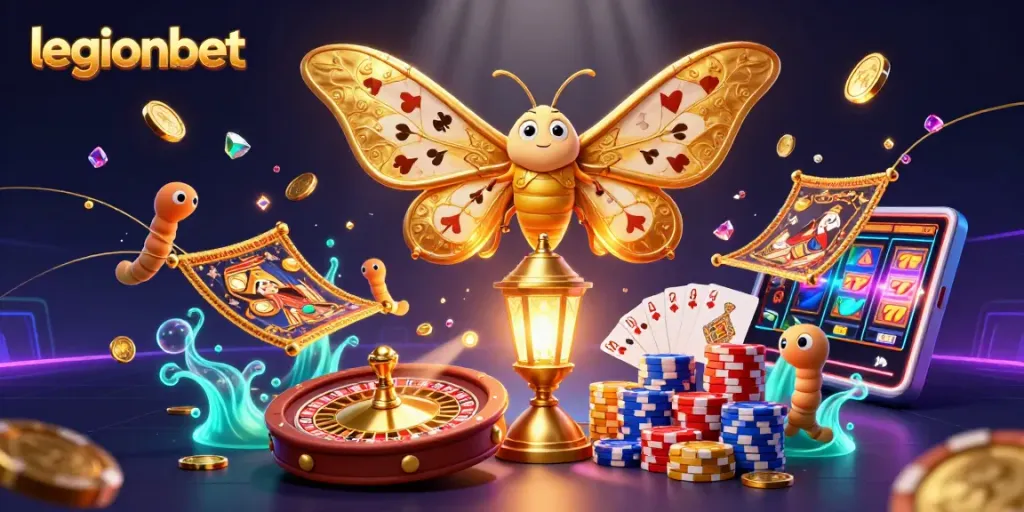 Experience the excitement of legionbet with golden butterflies, casino elements, and vibrant scenes.